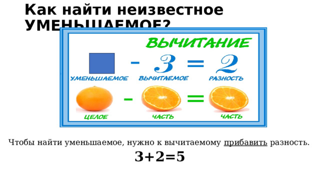 Как найти неизвестное УМЕНЬШАЕМОЕ? Чтобы найти уменьшаемое, нужно к вычитаемому  прибавить  разность. 3+2=5 