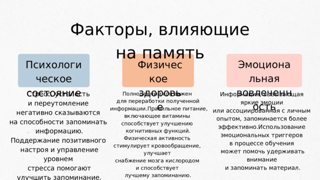 Факторы, влияющие на память Физическое Эмоциональная Психологическое вовлеченность здоровье состояние Стресс, усталость и переутомление негативно сказываются на способности запоминать информацию. Поддержание позитивного настроя и управление уровнем стресса помогают улучшить запоминание. Полноценный сон важен Информация, вызывающая для переработки полученной яркие эмоции  информации.Правильное питание, или ассоциированная с личным включающее витамины опытом, запоминается более эффективно.Использование способствует улучшению когнитивных функций. эмоциональных триггеров в процессе обучения Физическая активность может помочь удерживать внимание стимулирует кровообращение, улучшает и запоминать материал. снабжение мозга кислородом и способствует лучшему запоминанию. 