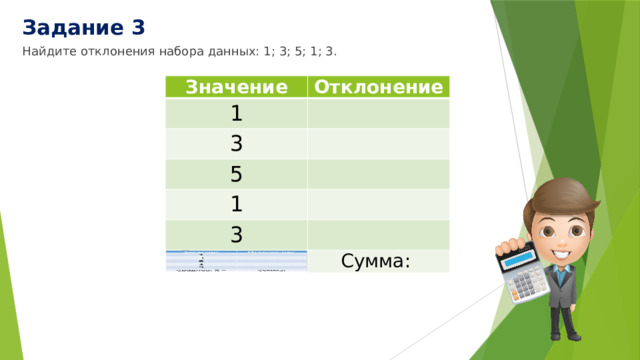Задание 3 Найдите отклонения набора данных: 1; 3; 5; 1; 3. Значение Значение Отклонение 1 1 Отклонение 3 3 5 5 1 1 3 3 Среднее: = Сумма: Сумма: 
