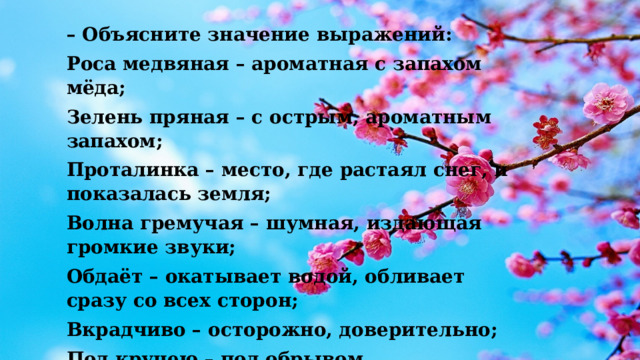 – Объясните значение выражений: Роса медвяная – ароматная с запахом мёда; Зелень пряная – с острым, ароматным запахом; Проталинка – место, где растаял снег, и показалась земля; Волна гремучая – шумная, издающая громкие звуки; Обдаёт – окатывает водой, обливает сразу со всех сторон; Вкрадчиво – осторожно, доверительно; Под кручею – под обрывом. -Какие чувства вызывают у вас это стихотворение? 