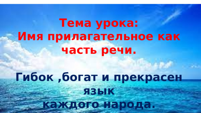 Тема урока: Имя прилагательное как часть речи.  Гибок ,богат и прекрасен язык каждого народа.   Николай Чернышевский 