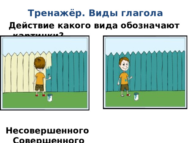 Тренажёр. Виды глагола  Действие какого вида обозначают картинки?        Несовершенного Совершенного 