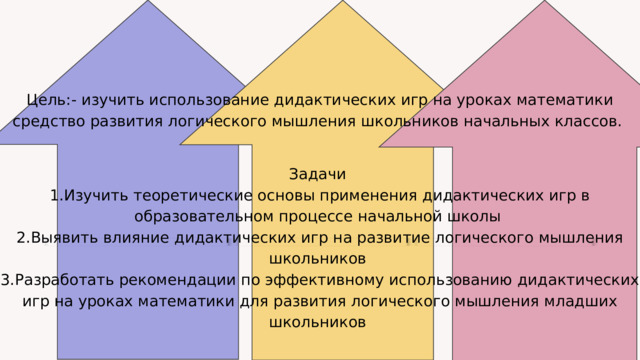Цель:- изучить использование дидактических игр на уроках математики средство развития логического мышления школьников начальных классов. Задачи 1.Изучить теоретические основы применения дидактических игр в образовательном процессе начальной школы 2.Выявить влияние дидактических игр на развитие логического мышления школьников 3.Разработать рекомендации по эффективному использованию дидактических игр на уроках математики для развития логического мышления младших школьников 