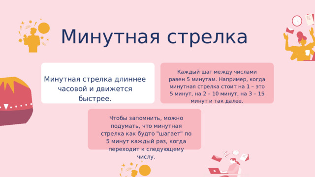 Минутная стрелка Каждый шаг между числами равен 5 минутам. Например, когда минутная стрелка стоит на 1 – это 5 минут, на 2 – 10 минут, на 3 – 15 минут и так далее. Минутная стрелка длиннее часовой и движется быстрее. Чтобы запомнить, можно подумать, что минутная стрелка как будто 