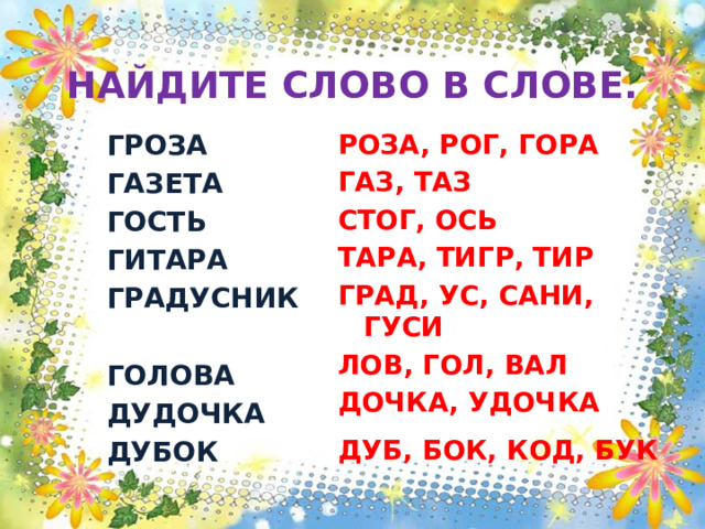  НАЙДИТЕ СЛОВО В СЛОВЕ. ГРОЗА РОЗА, РОГ, ГОРА ГАЗЕТА ГАЗ, ТАЗ ГОСТЬ СТОГ, ОСЬ ТАРА, ТИГР, ТИР ГИТАРА ГРАДУСНИК ГРАД, УС, САНИ, ГУСИ  ЛОВ, ГОЛ, ВАЛ ДОЧКА, УДОЧКА ГОЛОВА  ДУДОЧКА ДУБОК ДУБ, БОК, КОД, БУК 