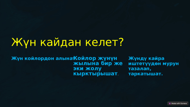  Жүн кайдан келет? Жүн койлордон алынат . Койлор жүнүн жылына бир же эки жолу кырктырышат . Жүндү кайра иштетүүдөн мурун тазалап, таркатышат. 