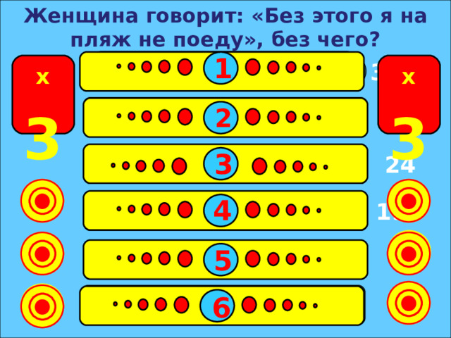 Женщина говорит: «Без этого я на пляж не поеду», без чего?   1  Панама 36 x 3 x 3  Зонтик 31 2 3 Крем 24 4 Матрац 19 Купальник 9 5 Фотоаппарат 5 6 