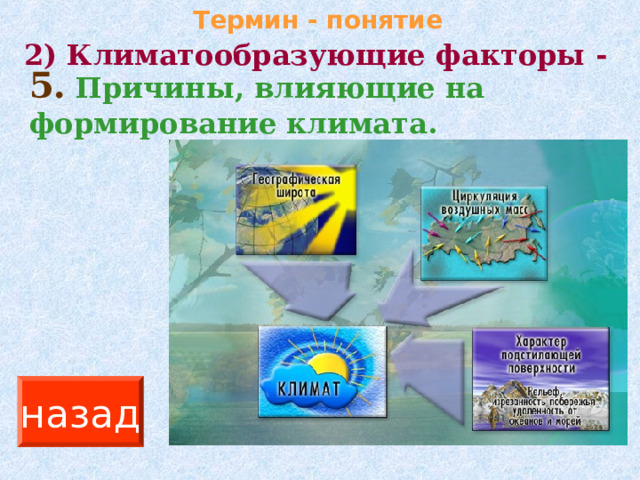 Термин - понятие 2) Климатообразующие факторы - 5.  Причины, влияющие на формирование климата.  назад 