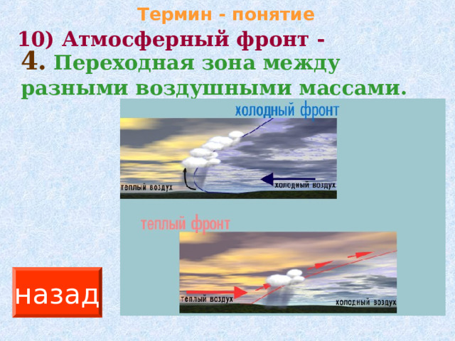 Термин - понятие 10) Атмосферный фронт - 4.  Переходная зона между разными воздушными массами. назад 