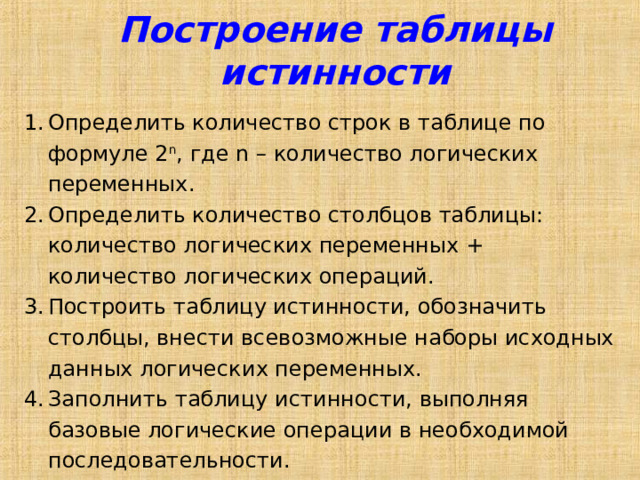 Построение таблицы истинности Определить количество строк в таблице по формуле 2 n , где n – количество логических переменных. Определить количество столбцов таблицы: количество логических переменных + количество логических операций. Построить таблицу истинности, обозначить столбцы, внести всевозможные наборы исходных данных логических переменных. Заполнить таблицу истинности, выполняя базовые логические операции в необходимой последовательности. 