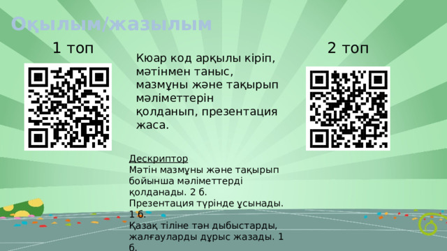 Оқылым/жазылым 1 топ 2 топ Кюар код арқылы кіріп, мәтінмен таныс, мазмұны және тақырып мәліметтерін қолданып, презентация жаса. Дескриптор Мәтін мазмұны және тақырып бойынша мәліметтерді қолданады. 2 б. Презентация түрінде ұсынады. 1 б. Қазақ тіліне тән дыбыстарды, жалғауларды дұрыс жазады. 1 б.  4 б. 