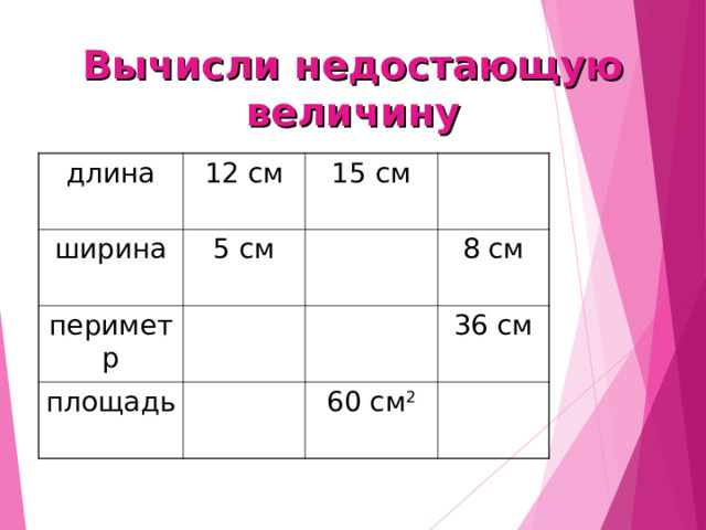 Вычисли недостающую величину длина 12 см ширина 5 см 15 см периметр площадь 8 см 36 см 60 см 2 