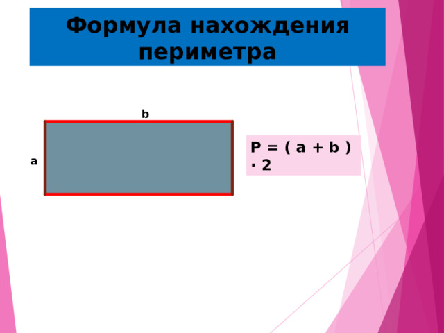 Формула нахождения периметра b P = ( a  + b ) · 2 a 