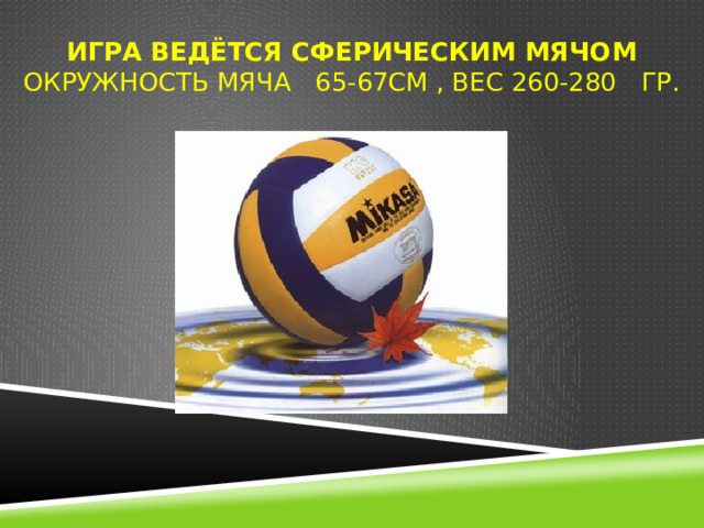 Игра ведётся сферическим мячом Окружность мяча 65-67см , Вес 260-280 гр. 