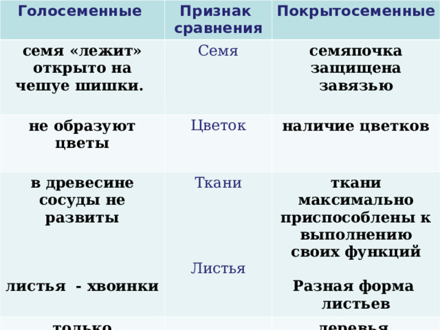 Голосеменные Признак сравнения семя «лежит» открыто на чешуе шишки. Покрытосеменные Семя не образуют цветы  семяпочка защищена завязью  Цветок в древесине сосуды не развиты Ткани Листья только древесные формы.  наличие цветков  листья - хвоинки ткани максимально приспособлены к выполнению своих функций  Разная форма листьев Жизненные формы деревья, кустарники и травы.  