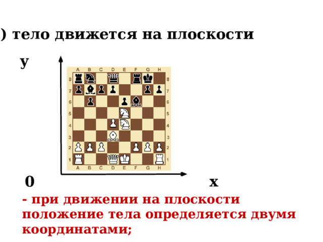 б) тело движется на плоскости у        0 х - при движении на плоскости положение тела определяется двумя координатами; 