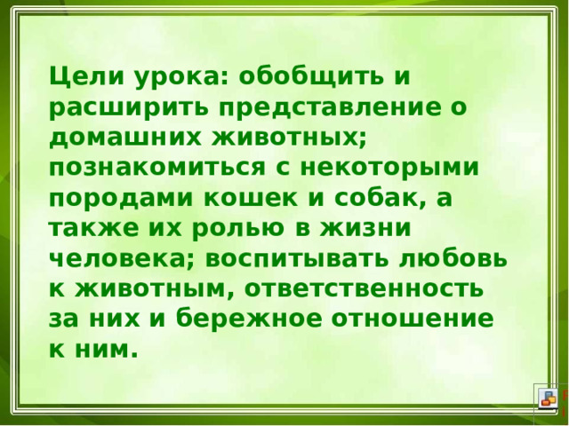 Цели урока: обобщить и расширить представление о домашних животных; познакомиться с некоторыми породами кошек и собак, а также их ролью в жизни человека; воспитывать любовь к животным, ответственность за них и бережное отношение к ним. 
