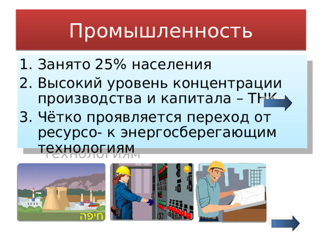 Промышленность Занято 25% населения Высокий уровень концентрации производства и капитала – ТНК Чётко проявляется переход от ресурсо- к энергосберегающим технологиям 