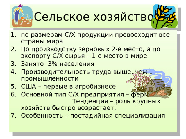 Сельское хозяйство по размерам С/Х продукции превосходит все страны мира По производству зерновых 2-е место, а по экспорту С/Х сырья – 1-е место в мире Занято 3% населения Производительность труда выше, чем в промышленности США – первые в агробизнесе Основной тип С/Х предприятия – ферма. Тенденция – роль крупных хозяйств быстро возрастает. Особенность – постадийная специализация 