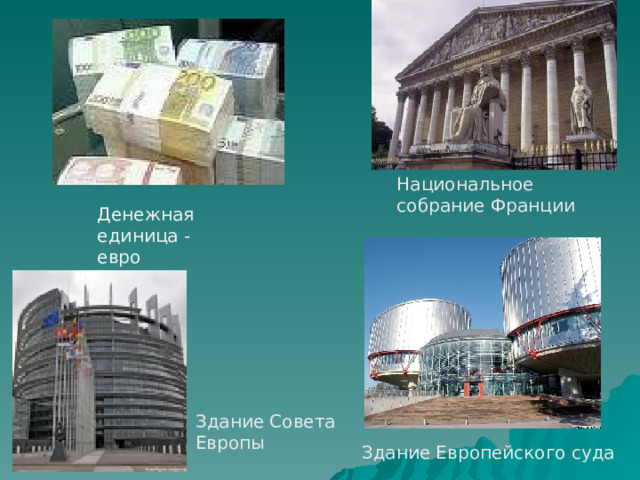 Здание Европейского суда Национальное собрание Франции Денежная единица - евро Здание Совета Европы 