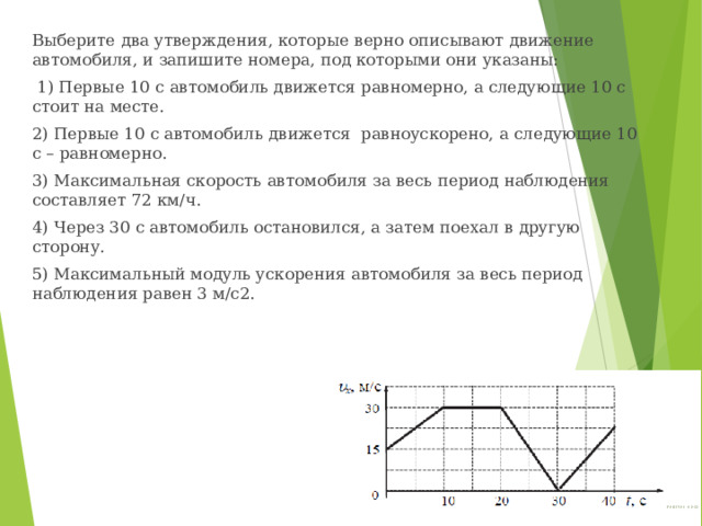Выберите два утверждения, которые верно описывают движение автомобиля, и запишите номера, под которыми они указаны:  1) Первые 10 с автомобиль движется равномерно, а следующие 10 с стоит на месте. 2) Первые 10 с автомобиль движется равноускорено, а следующие 10 с – равномерно. 3) Максимальная скорость автомобиля за весь период наблюдения составляет 72 км/ч. 4) Через 30 с автомобиль остановился, а затем поехал в другую сторону. 5) Максимальный модуль ускорения автомобиля за весь период наблюдения равен 3 м/с2. 