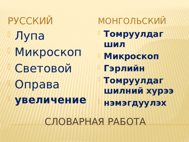 монгольский Русский Лупа Микроскоп Световой Оправа увеличение Томруулдаг шил Микроскоп Гэрлийн Томруулдаг шилний хурээ нэмэгдуулэх Словарная работа 