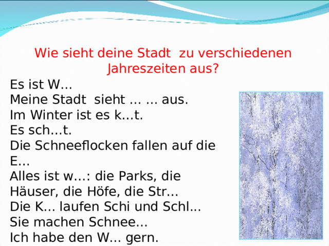 Wie sieht deine Stadt zu verschiedenen Jahreszeiten aus? Es ist W... Meine Stadt sieht  ... ... aus. Im Winter ist es k…t. Es sch…t. Die Schneeflocken fallen auf die E… Alles ist w…: die Parks, die Häuser, die Höfe, die Str… Die K... laufen Schi und Schl... Sie machen Schnee... Ich habe den W... gern. 