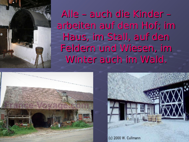Alle – auch die Kinder – arbeiten auf dem Hof; im Haus, im Stall, auf den Feldern und Wiesen, im Winter auch im Wald. 