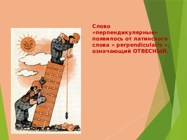 Слово «перпендикулярные» появилось от латинского слова « perpendicularis », означающий ОТВЕСНЫЙ. 