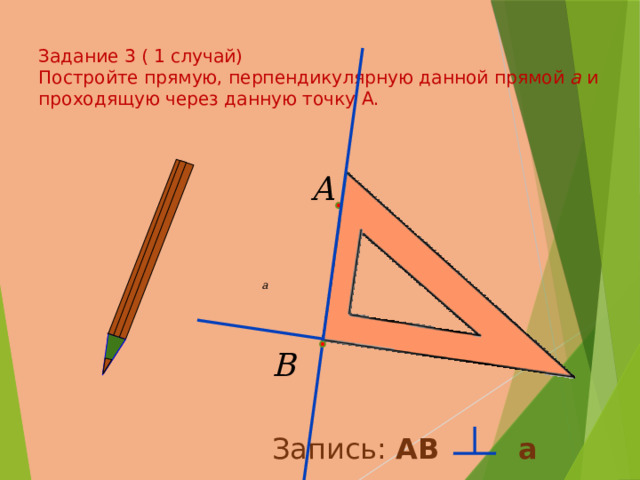  Задание 3 ( 1 случай)  Постройте прямую, перпендикулярную данной прямой a и проходящую через данную точку А.   Запись: АB a 