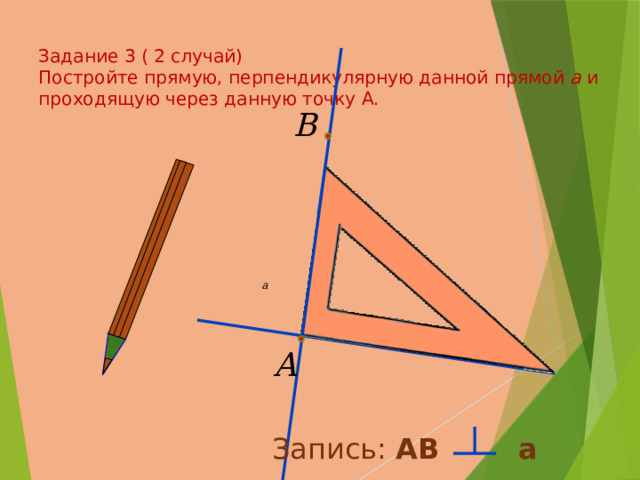  Задание 3 ( 2 случай)  Постройте прямую, перпендикулярную данной прямой a и проходящую через данную точку А.   Запись: АB a 