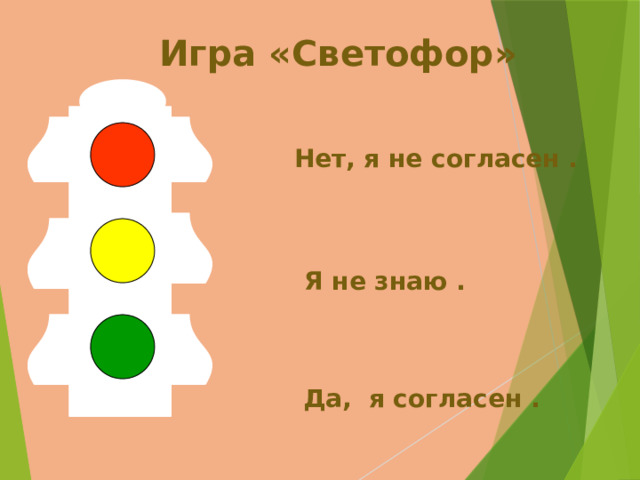  Игра «Светофор» Нет, я не согласен . Я не знаю . Да, я согласен .  