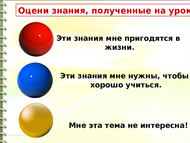 Оцени знания, полученные на уроке: Эти знания мне пригодятся в  жизни. Эти знания мне нужны, чтобы  хорошо учиться. Мне эта тема не интересна! 