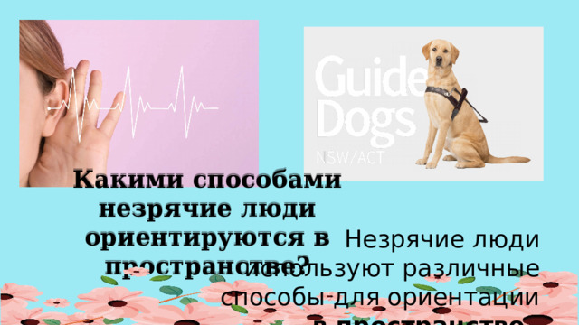 Какими способами незрячие люди ориентируются в пространстве? Незрячие люди используют различные способы для ориентации в пространстве . 