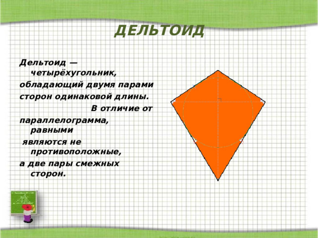 ДЕЛЬТОИД Дельтоид — четырёхугольник, обладающий двумя парами сторон одинаковой длины.  В отличие от параллелограмма, равными  являются не противоположные, а две пары смежных сторон. 
