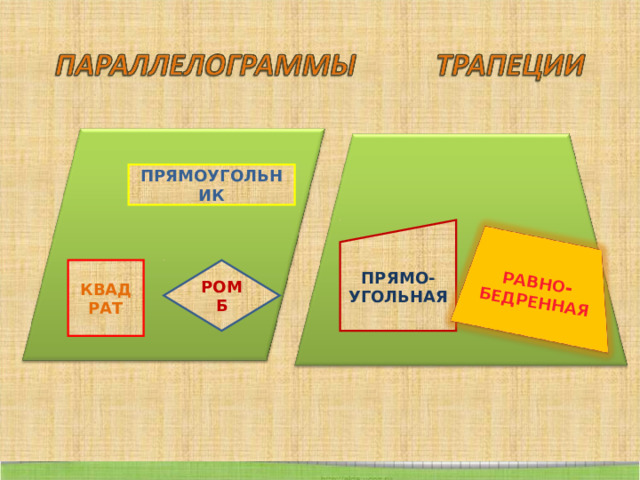 РАВНО- БЕДРЕННАЯ ПРЯМОУГОЛЬНИК ПРЯМО-УГОЛЬНАЯ КВАДРАТ РОМБ 