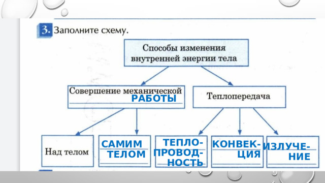  Работы  Самим телом  Тепло- Провод- ность  Конвек- ция  Излуче- ние 