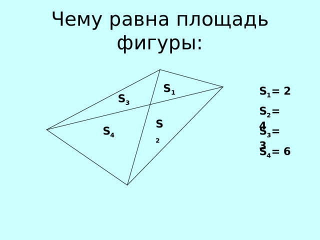 Чему равна площадь фигуры: S 1 S 1 = 2 S 3 S 2 = 4 S 2 S 4 S 3 = 3 S 4 = 6 