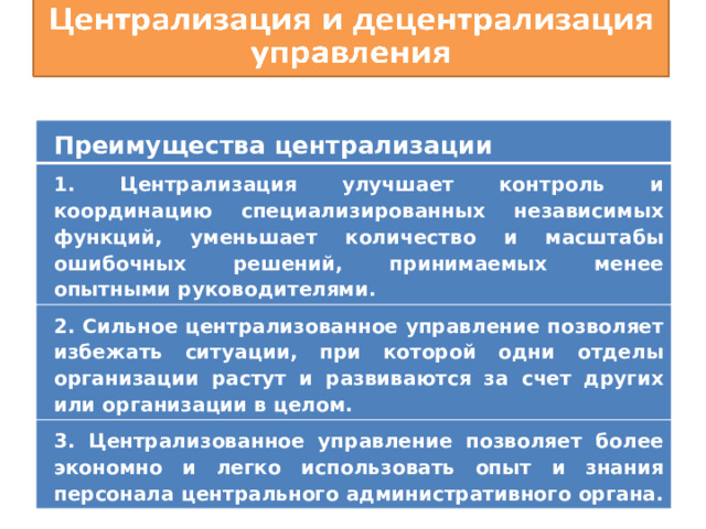 Преимущества централизации 1. Централизация улучшает контроль и координацию специализированных независимых функций, уменьшает количество и масштабы ошибочных решений, принимаемых менее опытными руководителями. 2. Сильное централизованное управление позволяет избежать ситуации, при которой одни отделы организации растут и развиваются за счет других или организации в целом. 3. Централизованное управление позволяет более экономно и легко использовать опыт и знания персонала центрального административного органа. 