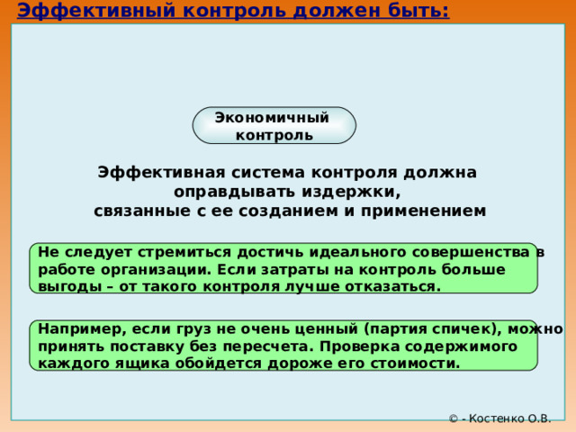 Эффективный контроль должен быть:                    Экономичный контроль Эффективная система контроля должна оправдывать издержки, связанные с ее созданием и применением Не следует стремиться достичь идеального совершенства в работе организации. Если затраты на контроль больше выгоды – от такого контроля лучше отказаться. Например, если груз не очень ценный (партия спичек), можно принять поставку без пересчета. Проверка содержимого каждого ящика обойдется дороже его стоимости.   - Костенко О.В. 