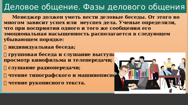 Деловое общение. Фазы делового общения   Менеджер должен уметь вести деловые беседы. От этого во многом зависит успех или неуспех дела. Ученые определили, что при восприятии одного и того же сообщения его эмоциональная насыщенность располагается в следующем убывающем порядке:  индивидуальная беседа;  групповая беседа и слушание выступающих и докладчиков, просмотр кинофильма и телепередачи;  слушание радиопередачи;  чтение типографского и машинописного текста;  чтение рукописного текста. 1 