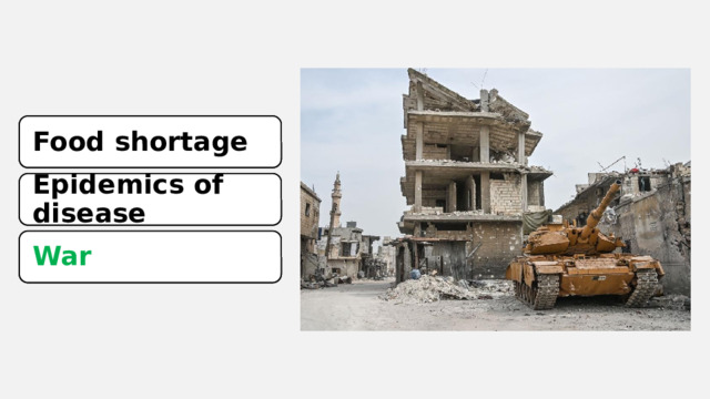 Food shortage Food shortage Epidemics of disease Epidemics of disease War War 