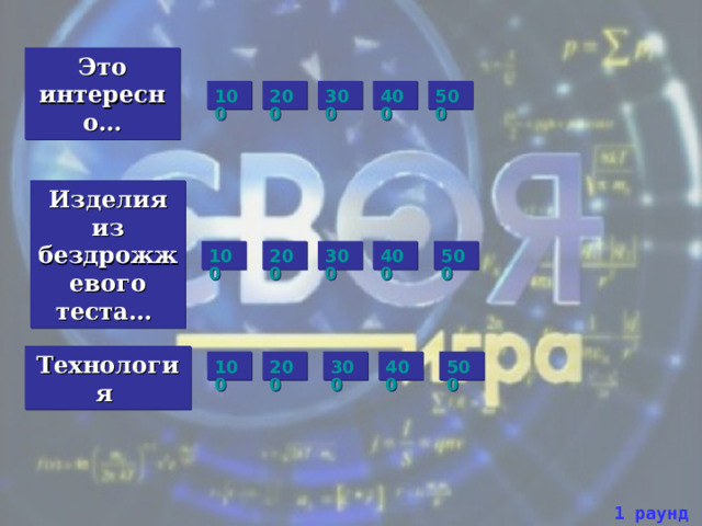Это интересно… 500 200 100 300 400 Изделия из бездрожжевого теста… 300 500 400 100 200 Технология 500 400 200 100 300 1 раунд  