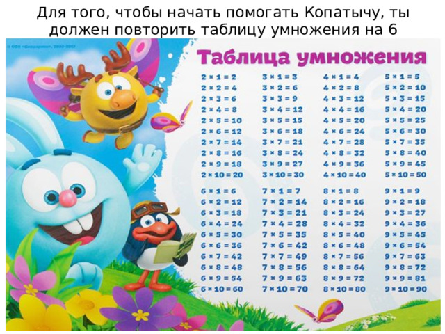 Для того, чтобы начать помогать Копатычу, ты должен повторить таблицу умножения на 6 