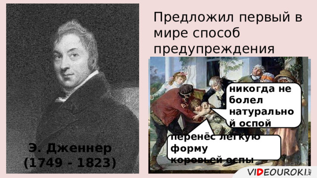 Предложил первый в мире способ предупреждения заболевания. коровья оспа никогда не болел натуральной оспой перенёс лёгкую форму коровьей оспы Э. Дженнер (1749 - 1823) здоровая женщина 