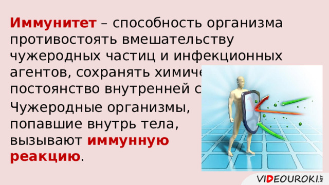 Иммунитет – способность организма противостоять вмешательству чужеродных частиц и инфекционных агентов, сохранять химическое постоянство внутренней среды. Чужеродные организмы, попавшие внутрь тела, вызывают иммунную реакцию . 