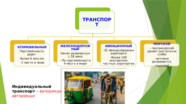 ТРАНСПОРТ АВИАЦИОННЫЙ МОРСКОЙ ЖЕЛЕЗНОДОРОЖНЫЙ АТОМОБИЛЬНЫЙ Начал развиваться с 18 века - пассажирский развит достаточно слабо Протяжённость дорог -32 международных аэропорта -активно развивается - По протяжённости 4 место в мире -более 100 внутренних частных аэропортов более 6 млн.км - 2 место в мире грузовой Индивидуальный транспорт – велорикши, авторикши 