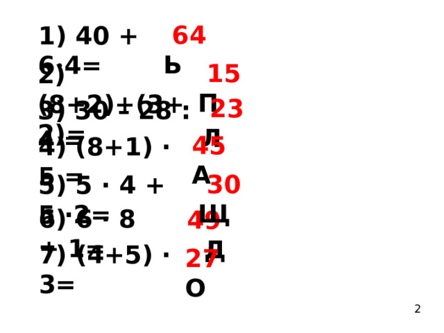  64 Ь 1) 40 + 6 · 4=  15 П 2) (8+2)+(3+2)=  23 Л 3) 30 – 28 : 4 =  45 А 4) (8+1) · 5 =  30 Щ 5) 5 · 4 + 5 ·2= 6) 6 · 8 + 1=  49 Д  7) (4+5) · 3=  27 О 2 
