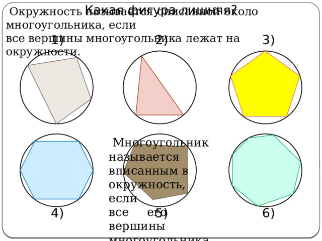 Какая фигура лишняя?  Окружность называется описанной около многоугольника, если все вершины многоугольника лежат на окружности. 1) 3) 2)  Многоугольник называется вписанным в окружность, если все его вершины многоугольника лежат на окружности. 4) 5) 6) 