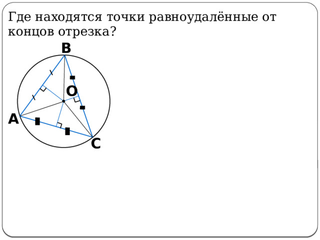 От чего равноудалён центр вписанной окружности? Где находятся точки равноудалённые от концов отрезка? В О А С 